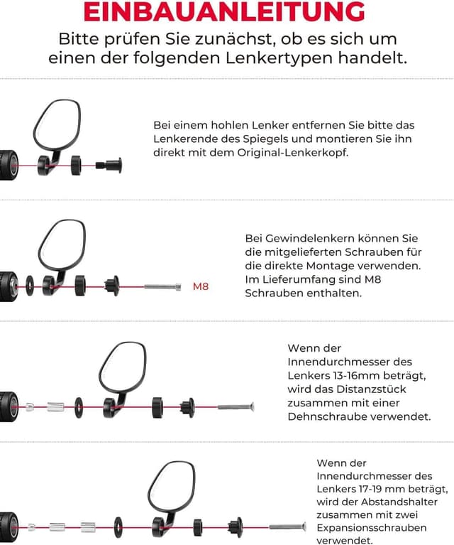 Detalle 2 de KEMIMOTO Lenkerendenspiegel für Motorrad (E-geprüft), 2 Stück, universal für 7/8" (22 mm) Lenker, 360° drehbar