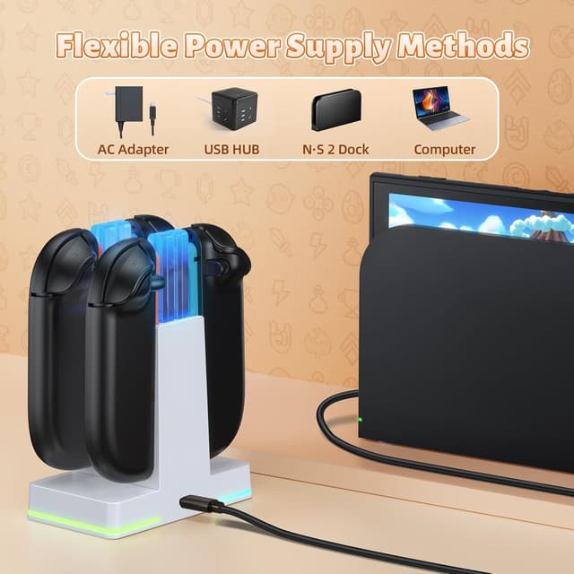 Detalle 2 de FASTSNAIL RGB Ladestation für Joy Con 2 – magnetisch, für bis zu 4 Controller, 9 RGB-Modi (Weiß)