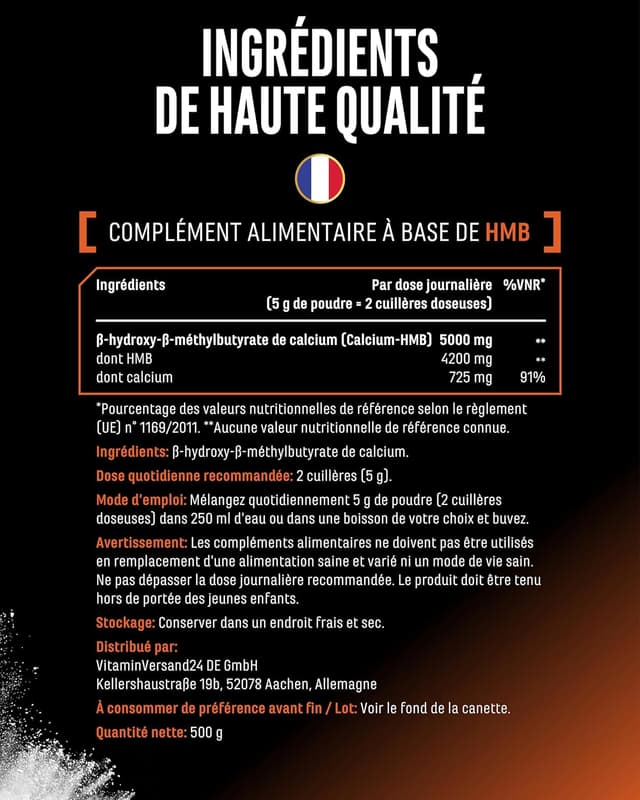 Detalle de Poudre de HMB Calcium-HMB haute pureté – 500 g (100 portions, vegan, sans additifs)