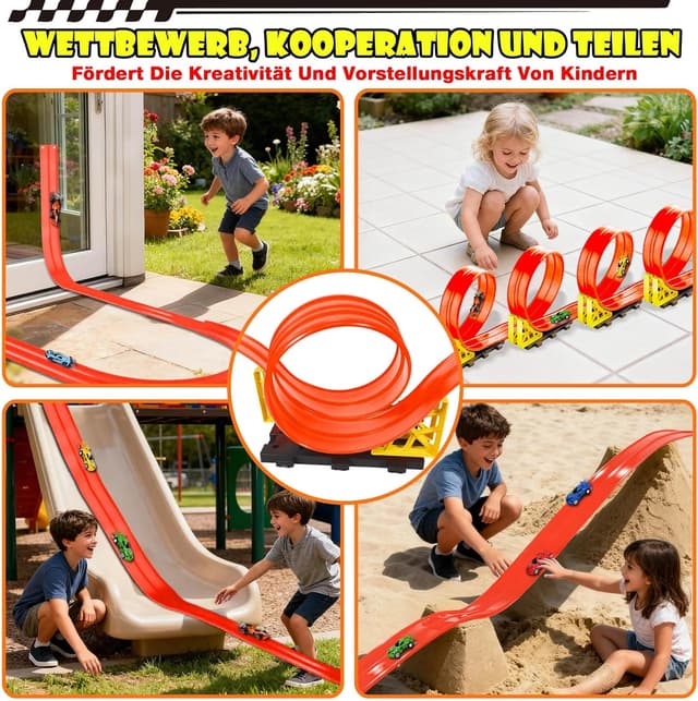 Detalle de EKXXHVLS Rennbahn Kinder 5M – flexible Autorennbahn mit 6 Autos, Dual-Loop & Rampen (Orange)