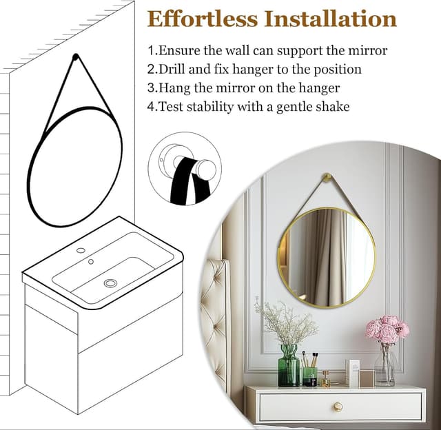 Detalle 2 de Artloge Spiegel Rund Gold 80 cm – Wandspiegel mit Metallrahmen und Lederband