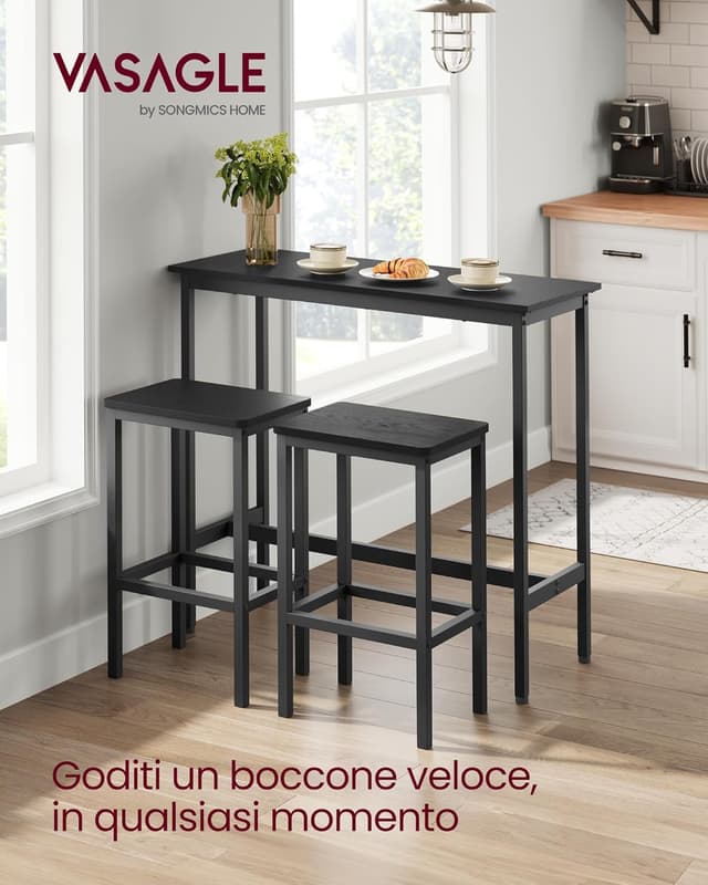 Detalle de VASAGLE set da bar con tavolo alto 100 x 40 cm e 2 sgabelli 40 x 30 cm LBT218B56, nero ebano e nero inchiostro