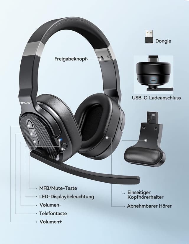 Thumbnail 6 de TECKNET Bluetooth Headset mit Mikrofon (Single/Dual Noise Cancelling) inkl. USB-Dongle – für Office & Calls