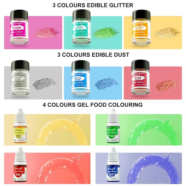 Detalle 2 de Essbares Glitzer Set mit Lebensmittelfarben & 6 Glitzerpulver-Farben – für Drinks, Cocktails, Fondant & Schokolade