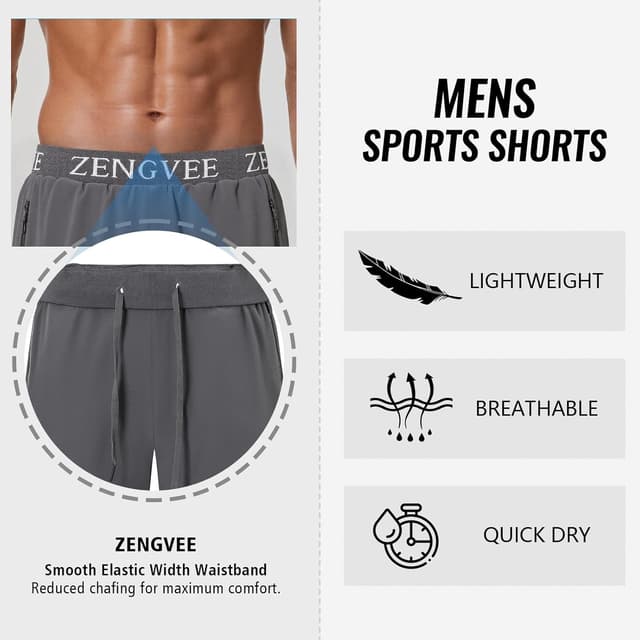 Detalle 2 de Mens Gym Running Shorts Athletic 1/3 Pack with Quick-Dry Fabric and Zip Pockets