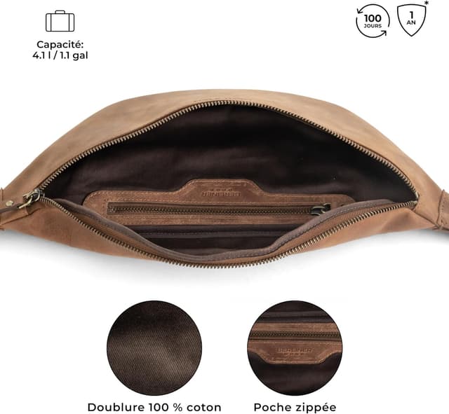 Detalle 2 de Berliner Bags Mona – sac banane en cuir avec sangle réglable (marron)