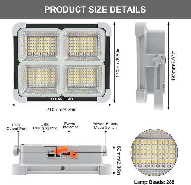 Detalle 2 de Projecteur LED rechargeable JINABLOSSY 150W portable avec panneau solaire et 5 modes d’éclairage (IP65)