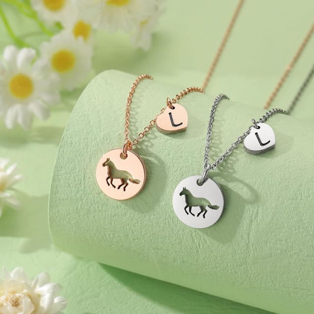 Detalle 2 de TINGN Pferde Mädchen Geschenk Kettenherz mit Buchstaben A–Z aus Edelstahl (16 Zoll)