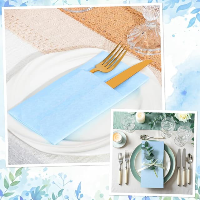 Detalle de NatNarr 60 Pack Light Blue Linen-Feel Paper Napkins with Built-in Flatware Pocket