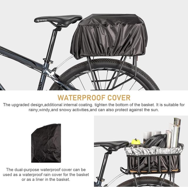 Detalle de CXWXC Panier arrière de vélo grand modèle avec fond en bois, housse imperméable et filet cargo