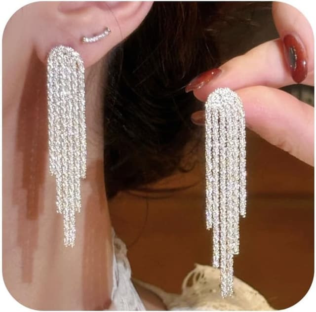 Detalle de Meteorstarry Ohrringe Silber 925/Gold – lange Quasten-Ohrhänger mit Kette und glänzender Oberfläche