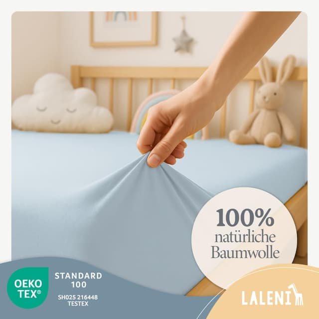 Detalle de Laleni Jersey Spannbettlaken (100×100 cm) für Baby-Beistellbett & Stubenwagen – 100% Baumwolle in Hellblau