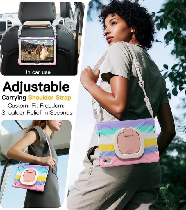 Detalle de BRAECN Kids Case for iPad (A16) 11th/10th Generation, Rugged Silicone Cover with Screen Protector, Kickstand & Strap (Pink)