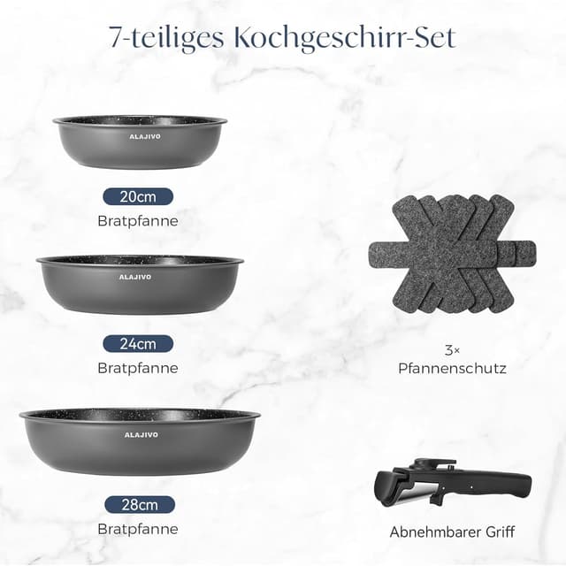 Detalle de Alajivo Pfannenset mit abnehmbaren Griffen, 7-teilig (20/24/28 cm) – für Induktion, antihaft, ofenfest
