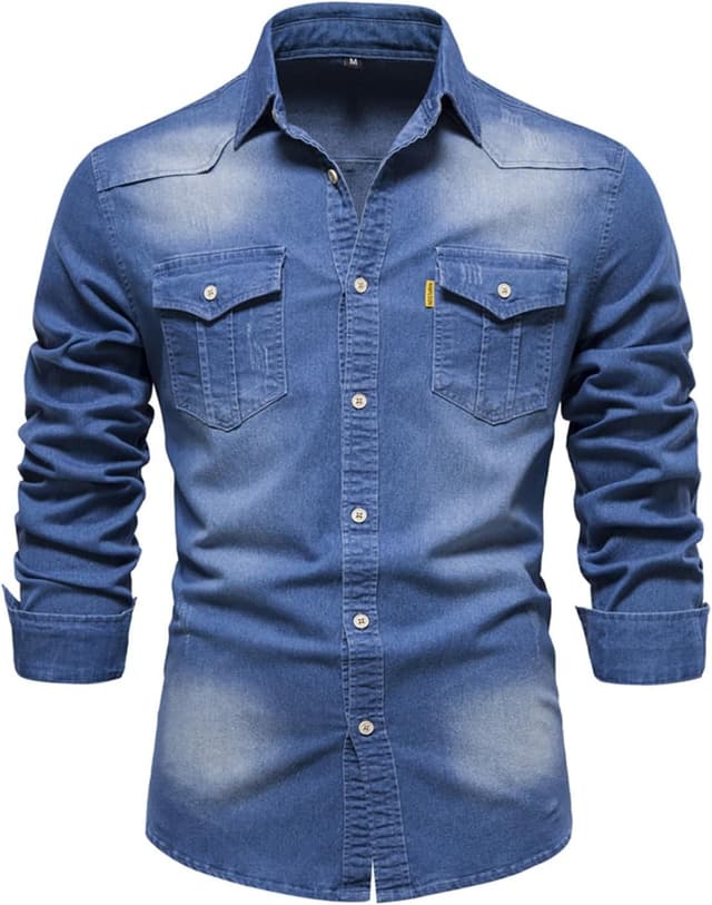 Detalle de Morbuy men’s denim shirt jacket (regular fit) in black with pockets