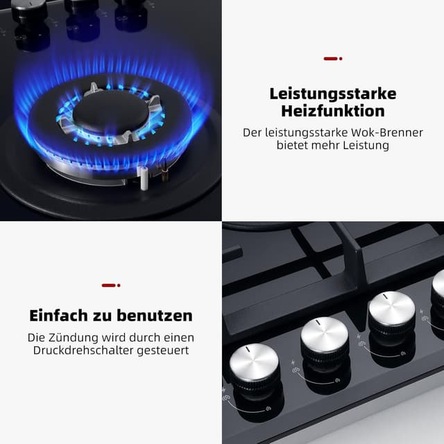 Detalle de GASLAND GH2805BG1FC 76 cm Glas Gaskochfeld mit 5 Flammen und Wok-Brenner