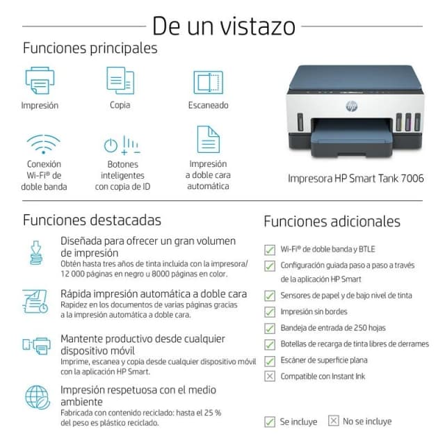 Detalle de HP Smart Tank 7006 Impresora Multifunción WiFi con Tinta Incluida 🖨