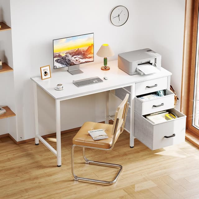 Detalle de Coleshome Schreibtisch mit 3 Stoffschubladen, reversibel (100 × 48 cm) – weißer PC-/Home-Office-Tisch