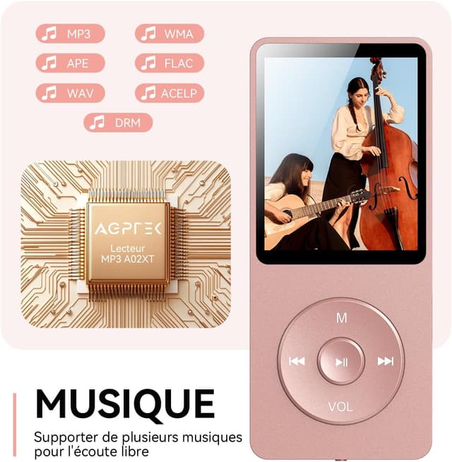Detalle 2 de AGPTEK Lecteur MP3 32 Go Bluetooth 5.3 Rose