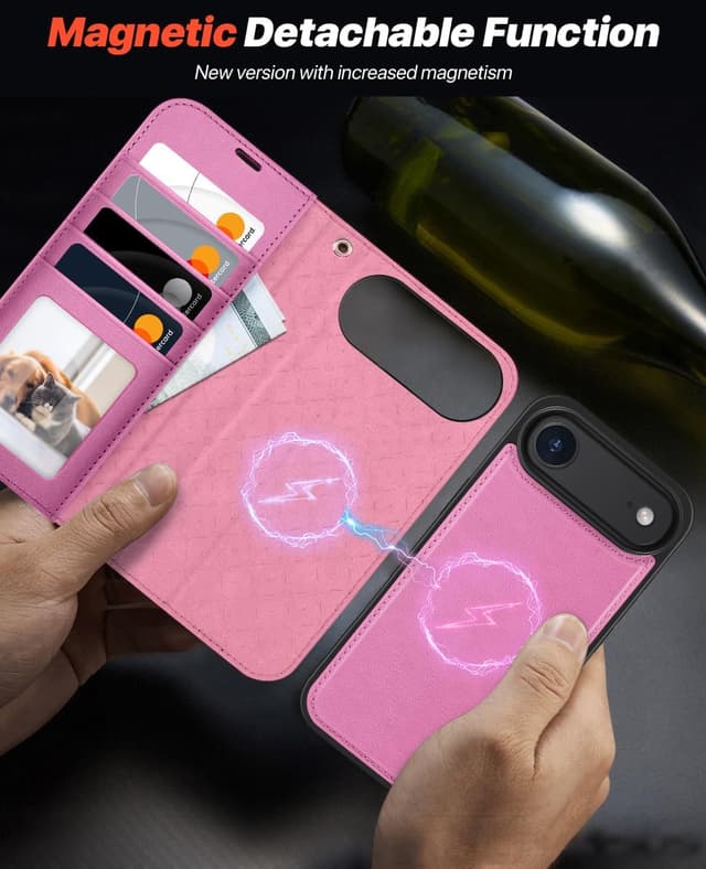Detalle de OCASE Handyhülle für iPhone Air (6,5") – 2-in-1 abnehmbare Magnet- Klapphülle mit RFID, Kartenfach, Standfunktion und Qi-Laden (Rosa)