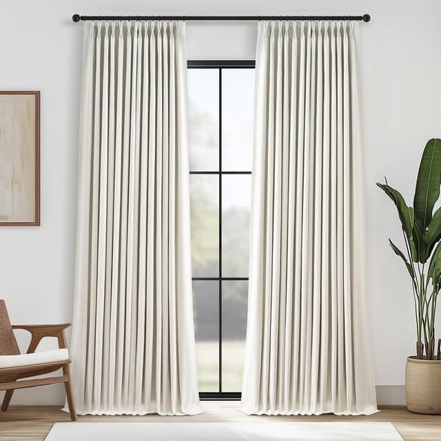 Detalle de Topfinel 96-Inch Pinch Pleat 100% Blackout Curtains (2 Panels) — Natural Linen Thermal Insulated Set, Neutral Beige Ivory