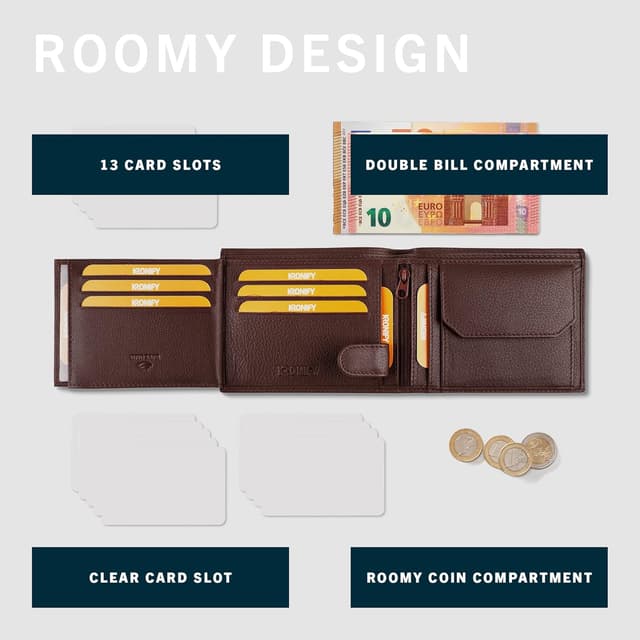 Detalle de KRONIFY Portafoglio da uomo in vera pelle marrone scuro naturale con protezione RFID, formato orizzontale e 13 scomparti carte