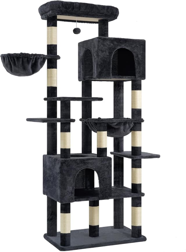 Detalle 2 de Heybly Kratzbaum Groß (193 cm) Rauchgrau – mit 2 Katzenhäuschen, Hängematte, Korb und 10 Sisal-Kratzstämmen