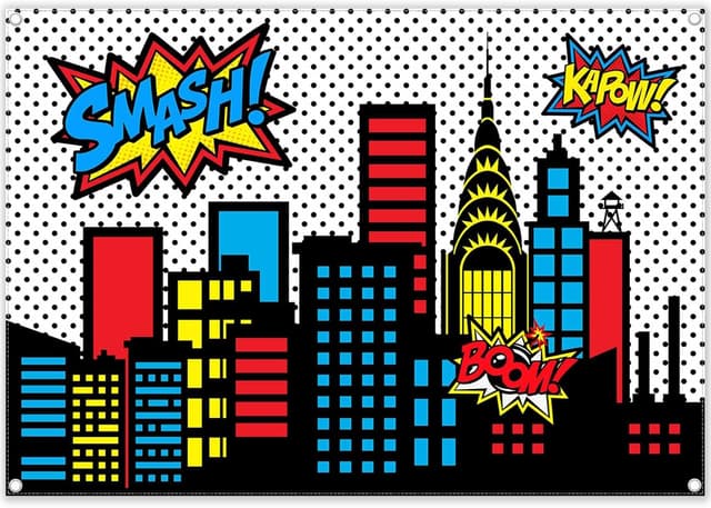 Detalle de Luminora 7x5ft Superhero Photography Backdrop (Cartoon Cityscape & Skyline) for Kids Photo Booth