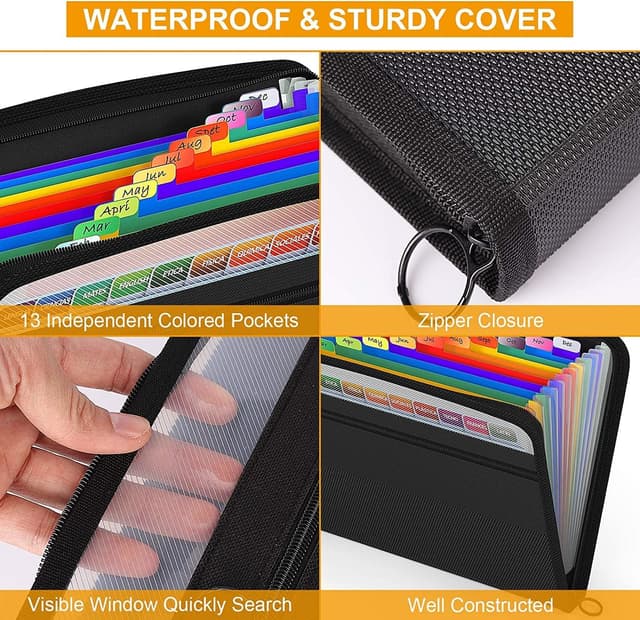 Detalle de ABC life Expanding File Organiser with Mesh Bag & Zipper Closure (A4, 13 pockets) – Rainbow accordion folder, black