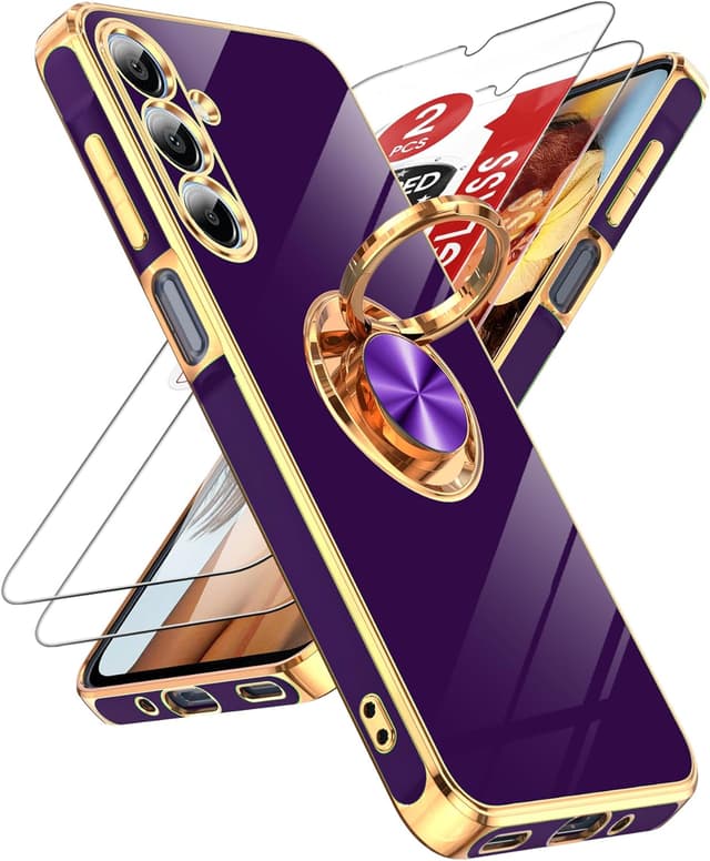 Detalle de LeYi Galaxy A16 5G Case (2-Pack) with Tempered Glass Screen Protectors and 360° Magnetic Ring Stand in Rose Gold Edge, Deep Purple