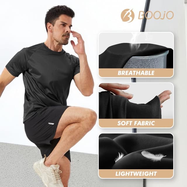 Detalle de BOOJO 3 Pack Men’s Quick Dry Gym T-Shirts (Crew Neck) for Training & Running