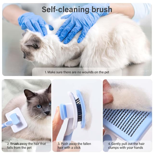 Detalle 2 de Vinabo selbstreinigende Katzenbürste für Kurz- & Langhaar (One-Click, Unterfell) in Blau