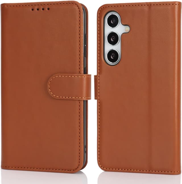 Detalle de Zouzt Hülle für Samsung Galaxy S25 – stoßfeste PU Leder Fliphülle mit Kartenhalter und Standfunktion (Hellbraun)