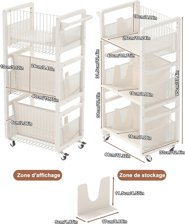 Detalle de Chariot Livre Bibliothèque à roulettes avec 3 étagères mobiles (capacité 70 kg) et serre-livres magnétiques