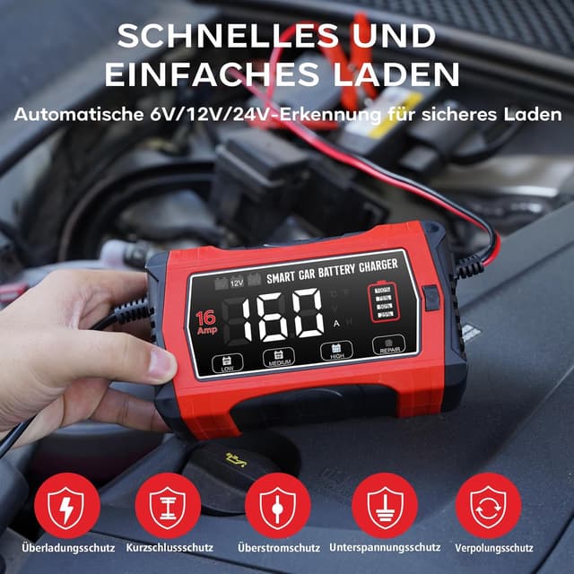 Detalle 1 de Haisito 16A Autobatterieladegerät für 6V/12V/24V mit LCD – Erhaltungsladung & Entsulfatierung für AGM, LiFePO4 und Blei-Säure