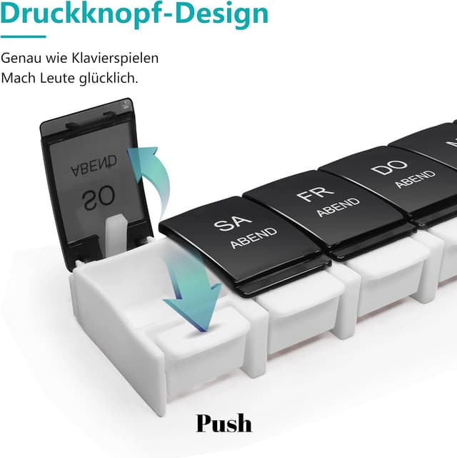 Detalle 2 de MOLN HYMY Medikamentenbox für 7 Tage mit 2 Fächern (AM/PM), BPA-frei, 14 Fächer, Druckknopfdeckel in Schwarz/Weiß
