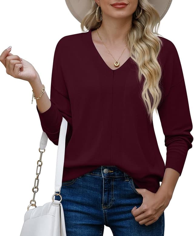 Detalle de PrinStory women’s V-neck knit jumper long sleeve top (solid colour)