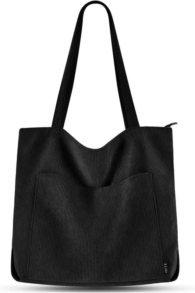 Detalle de Prite Corduroy Tote Bag for Women – Large Shoulder Bag with Zip, Pockets for College, Work, Travel & Shopping (Black)