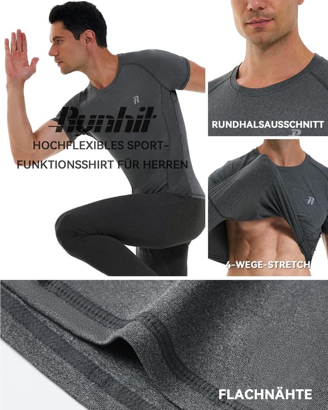 Detalle 2 de Runhit 3er-Set Kompressionsshirt Herren Kurzarm – Funktionsshirt mit schnelltrocknender, atmungsaktiver Passform