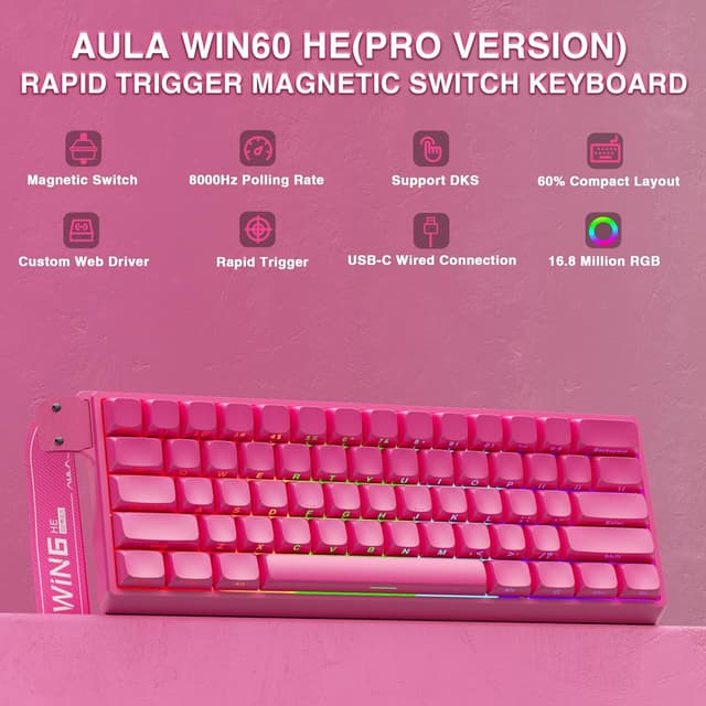 Detalle 2 de AULA WIN60 HE Pro Wired 60% Mechanical Gaming Keyboard (Rose) with Hall Effect Switches