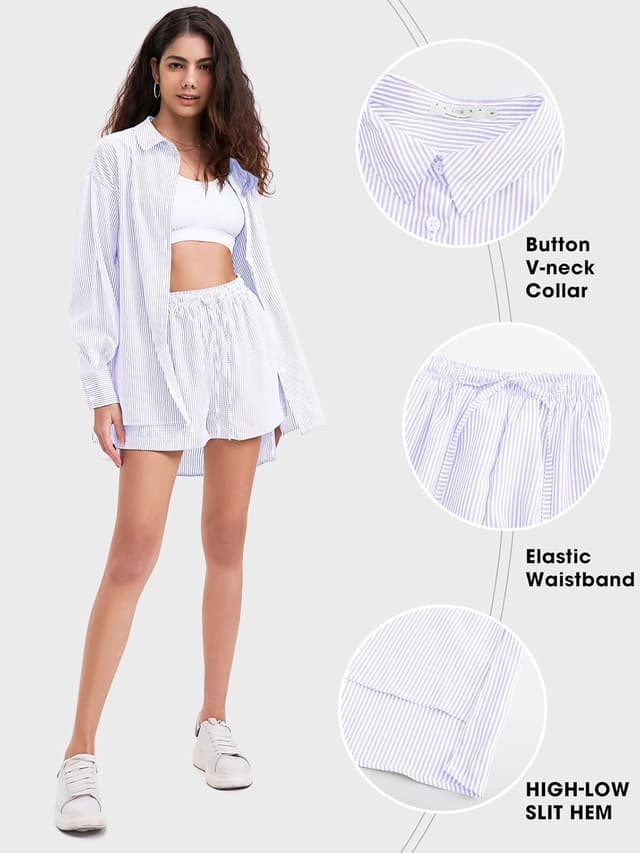 Detalle de EXLURA Women’s Cotton Summer 2-Piece Set (Long Sleeve Button-Down Shirt + High-Waist Shorts)