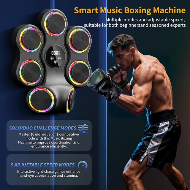Detalle 2 de Macchina da boxe musicale con Bluetooth e luci LED, guantoni inclusi, attrezzatura per casa e palestra