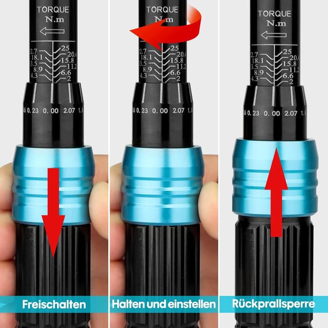 Detalle 2 de Set di chiavi dinamometriche Shall da 15 pezzi 1/4" (2–25 Nm), doppia direzione regolabile