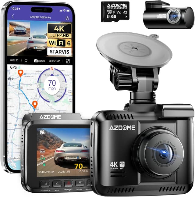Detalle de AZDOME GS63H Pro dual dash cam (front 4K + rear 2.5K/GPS) with WiFi, 64GB SD, parking monitoring