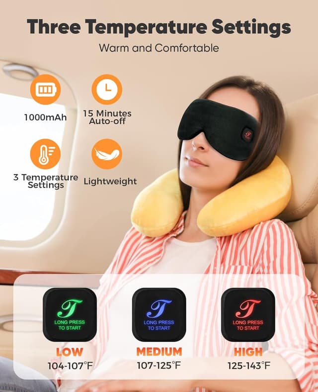 Detalle de Heated Eye Mask (Warm Eye Compress) Cordless, 3 Heat Levels, 1000mAh Rechargeable Battery, Washable Detachable Cover – Black