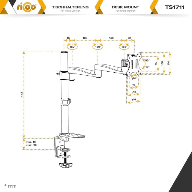 Detalle 2 de RICOO TS1711 supporto monitor da scrivania girevole e inclinabile VESA 75x75/100x100 per schermi 13–30