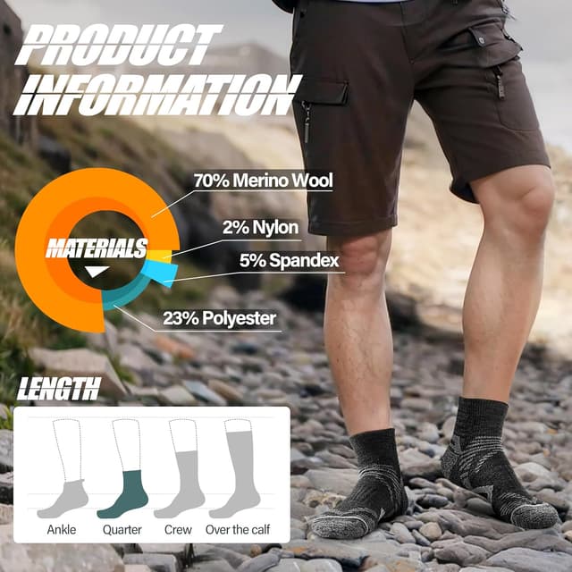 Detalle de ANTSANG 6 Pairs Merino Wool Quarter Socks (Running, Walking, Hiking)