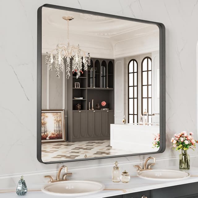 Detalle de LOAAO 28x32 Inch Black Metal Framed Bathroom Mirror (Matte Black, Anti-Rust)
