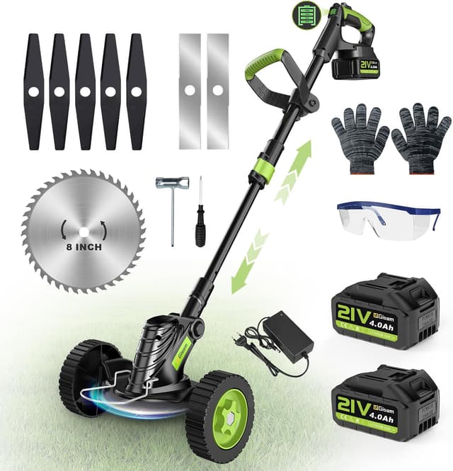 Detalle de Gisam Akku-Rasentrimmer mit 8" bürstenlosem Motor, 3 Klingentypen und 2x 4.0Ah Batterie