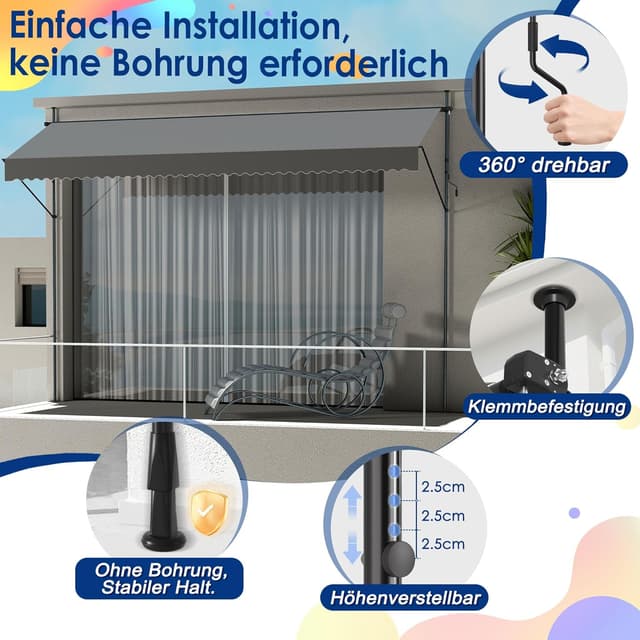 Detalle de UISEBRT Klemmmarkise mit Kurbel – balkon- und terrassentauglicher Sonnenschutz ohne Bohren (3,50 x 1,20 m, Dunkelgrau)